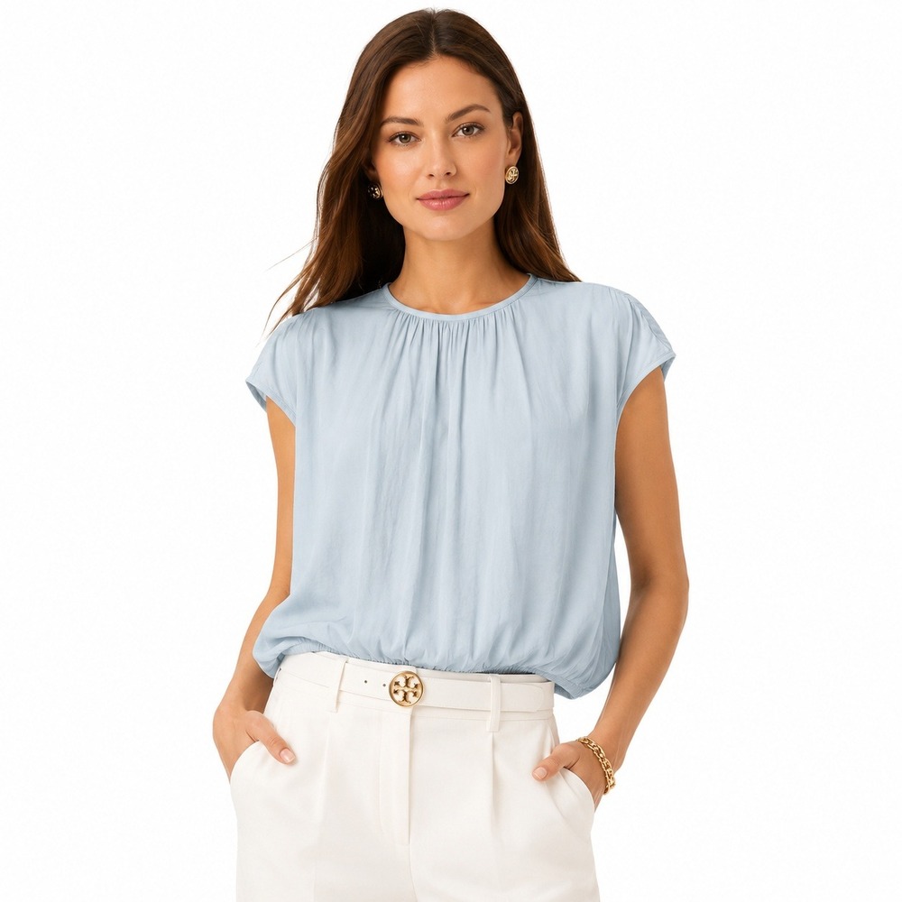 Les Serein Kirie Banded Top Light Blue Cap Sleeve Blouse Womens Large NWT‎